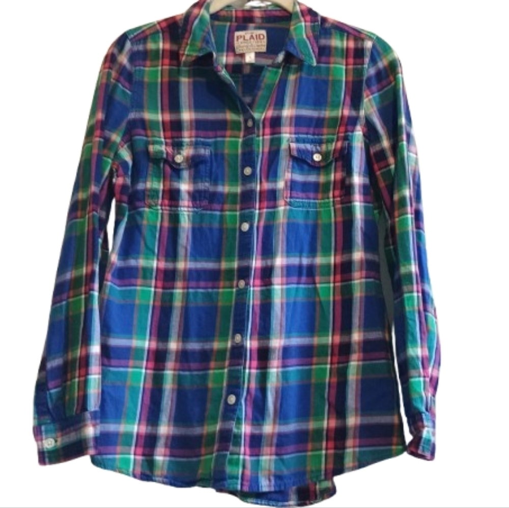 Old Navy Plaid Shirt Women's Small Blue Green Pink Long Sleeve Button-Up Preppy
